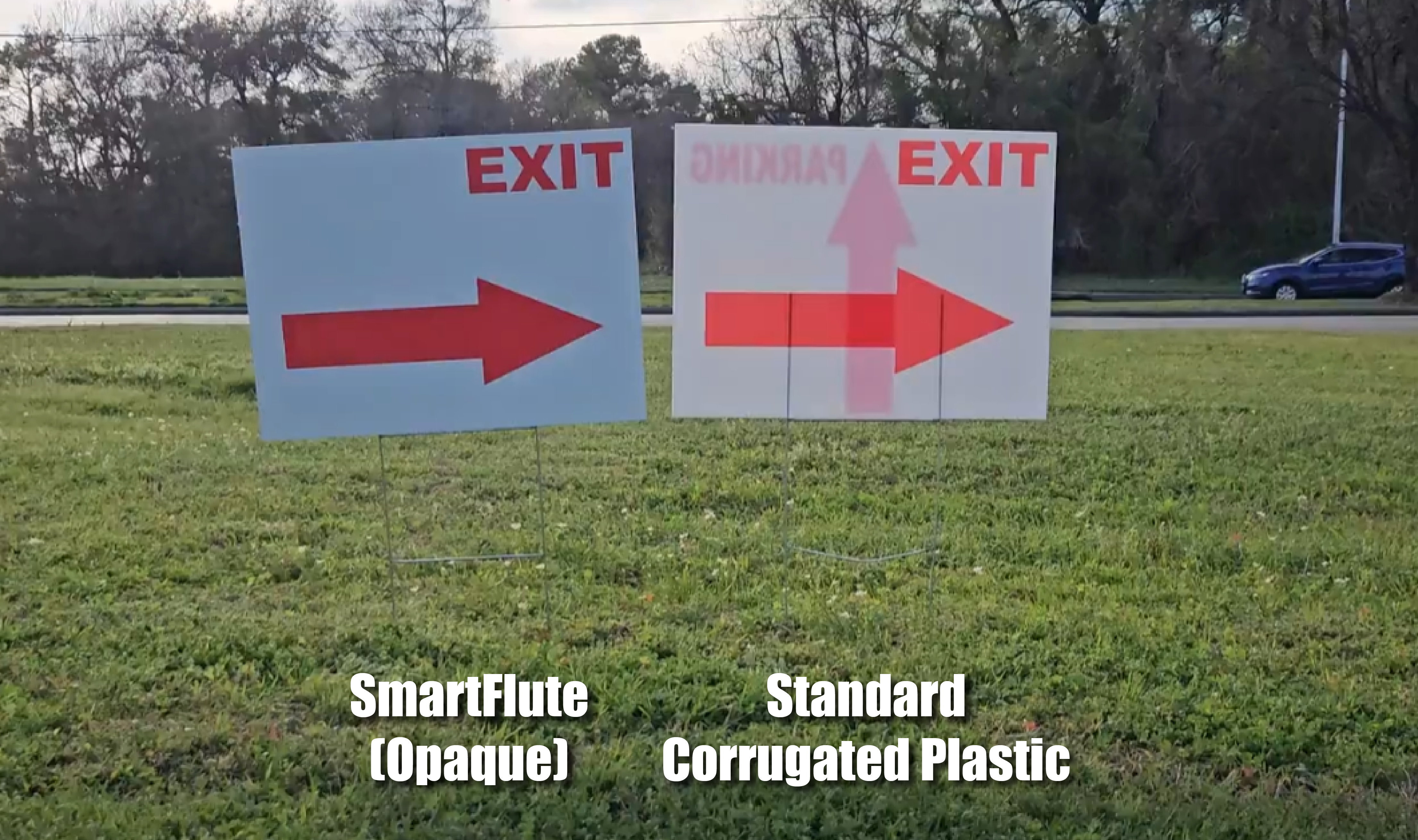 "SmartFlute opaque yard sign vs standard corrugated plastic showing ghosting"