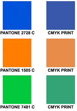Pantone vs CMYK color comparison (examples)